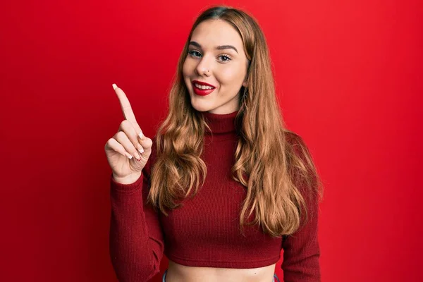 Young Blonde Woman Wearing Turtleneck Sweater Showing Pointing Finger Number — Stock Photo, Image