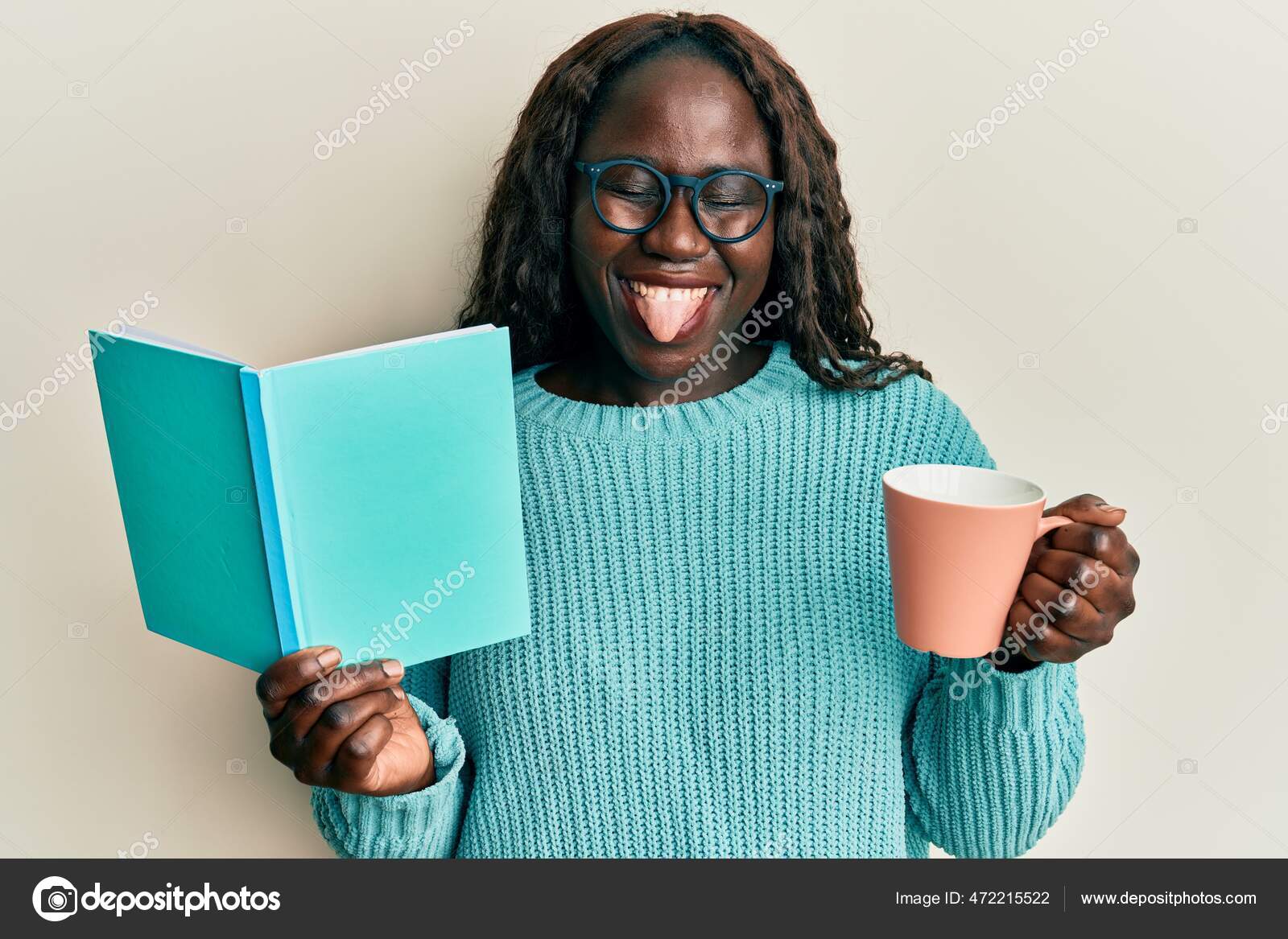 African Young Woman Reading Book Drinking Cup Coffee Sticking