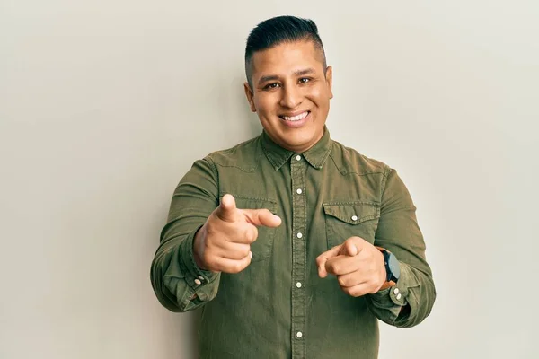 Young Latin Man Wearing Casual Clothes Pointing Fingers Camera Happy — Stock Photo, Image