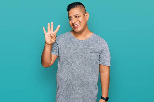 Young Latin Man Wearing Casual Clothes Showing Pointing Fingers Number — Stock Photo, Image