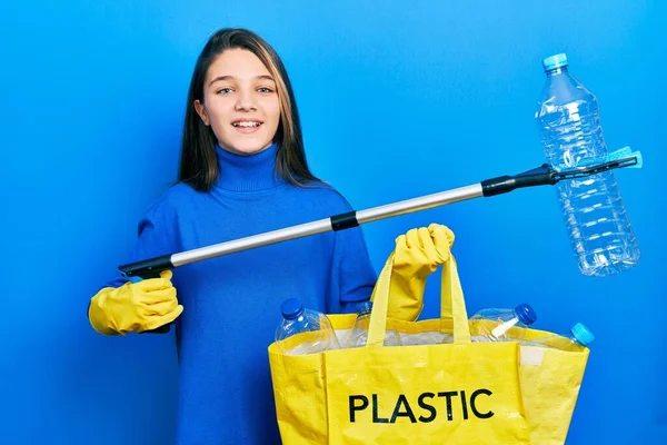 Young Brunette Girl Holding Recycling Bag Plastic Bottles Waste Picker — Stock Photo, Image