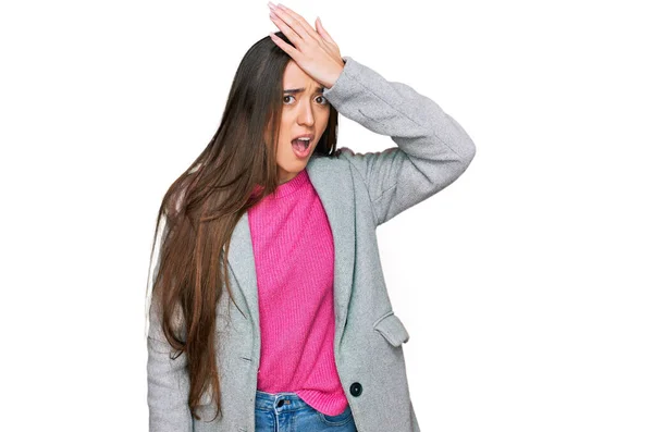 Young Hispanic Girl Wearing Business Clothes Surprised Hand Head Mistake — Stock Photo, Image