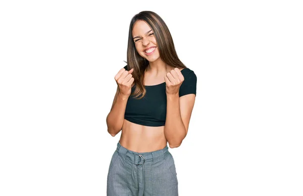 Young Brunette Woman Wearing Casual Clothes Excited Success Arms Raised — Stock Photo, Image