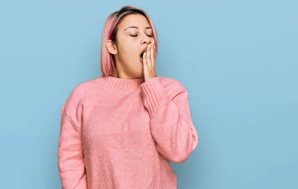 Hispanic Woman Pink Hair Wearing Casual Winter Sweater Bored Yawning — Stock Photo, Image