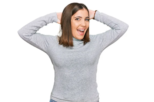 Young Beautiful Woman Wearing Casual Turtleneck Sweater Relaxing Stretching Arms — Stock Photo, Image