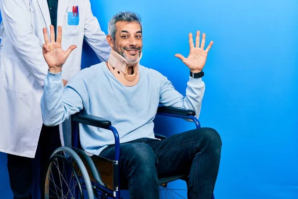 Handsome Middle Age Man Grey Hair Wheelchair Wearing Cervical Collar — Stock Photo, Image