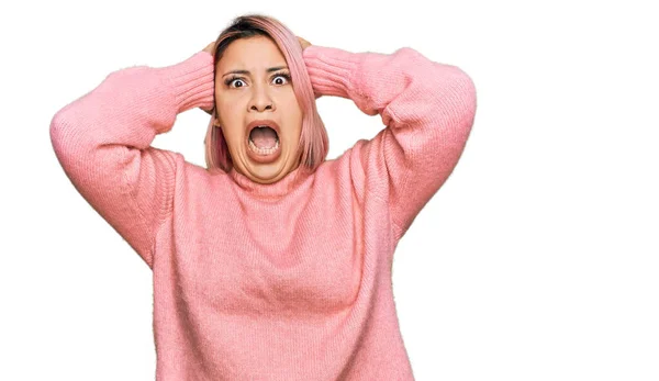 Hispanic Woman Pink Hair Wearing Casual Winter Sweater Crazy Scared — Stock Photo, Image