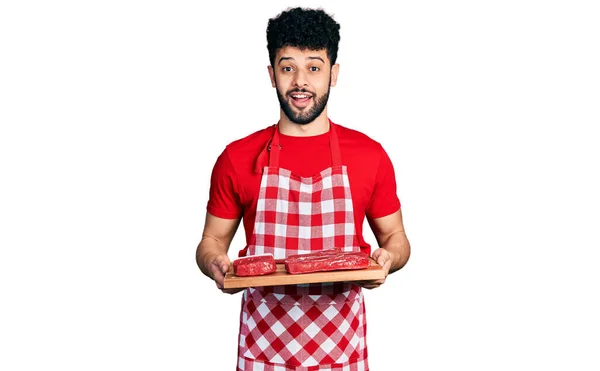 Young Arab Man Beard Holding Board Raw Meat Celebrating Crazy — Stock Photo, Image