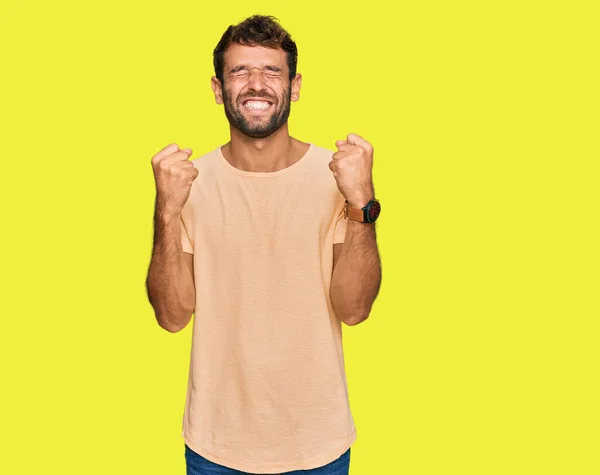 Handsome Young Man Beard Wearing Casual Tshirt Excited Success Arms — Stock Photo, Image