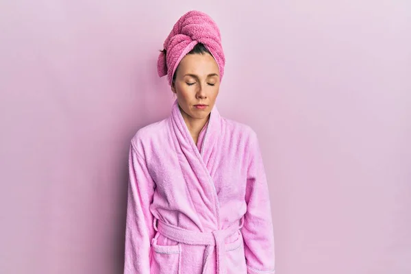 Young Blonde Woman Wearing Shower Towel Cap Bathrobe Looking Sleepy — Stock Photo, Image