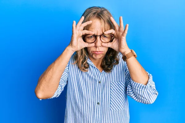 Middle Age Blonde Woman Wearing Casual Clothes Glasses Trying Open — Stock Photo, Image