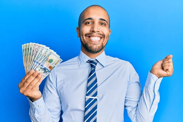Hispanic Adult Business Man Holding Dollars Screaming Proud Celebrating Victory — Stock Photo, Image