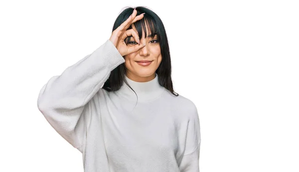 Young Brunette Woman Bangs Wearing Casual Turtleneck Sweater Doing Gesture — Stock Photo, Image