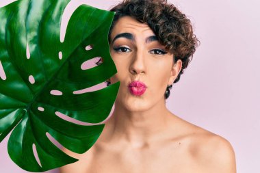 Genç adam yeşil yaprak tutarak makyaj yapıyor. Güzel yüzüne yakın bir şekilde kameraya bakıyor. Öpücük üflüyor, sevimli ve seksi. aşk ifadesi. 