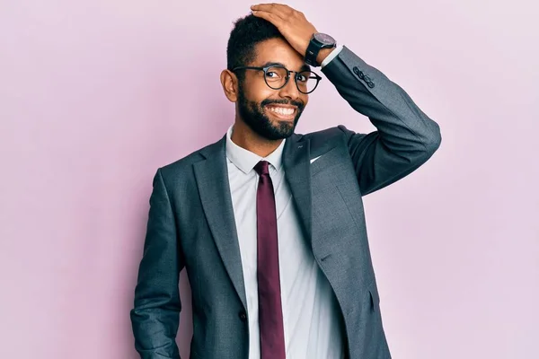 Handsome Hispanic Business Man Beard Wearing Business Suit Tie Surprised — Stock Photo, Image