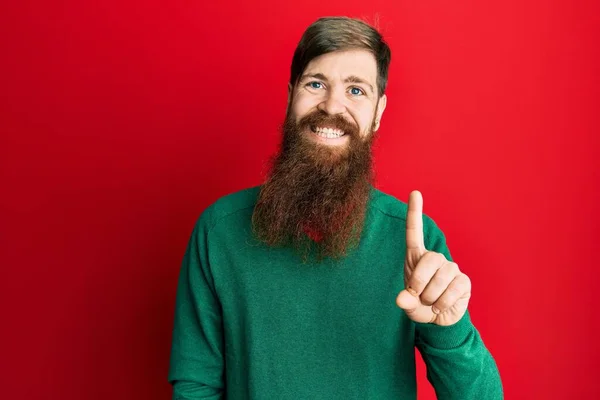 Pelirrojo Con Barba Larga Llevando Ropa Casual Sonriendo Con Una —  Fotos de Stock