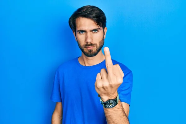 Young Hispanic Man Wearing Casual Clothes Showing Middle Finger Impolite — Φωτογραφία Αρχείου