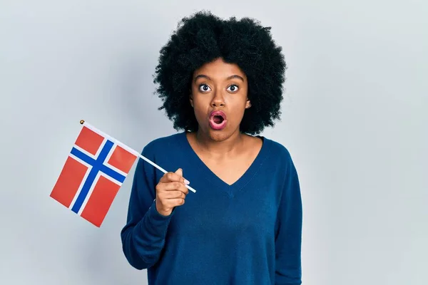 Junge Afrikanisch Amerikanische Frau Mit Norwegischer Flagge Verängstigt Und Erstaunt — Stockfoto