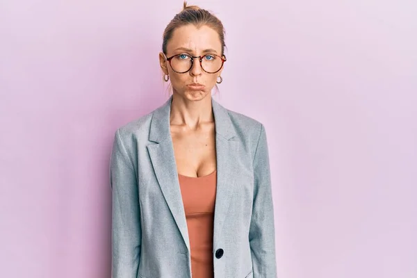 Beautiful Caucasian Woman Wearing Business Jacket Glasses Depressed Worry Distress — Stock Photo, Image