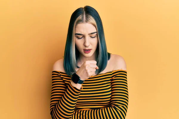 Young Modern Girl Wearing Casual Striped Shirt Feeling Unwell Coughing — Stock Photo, Image