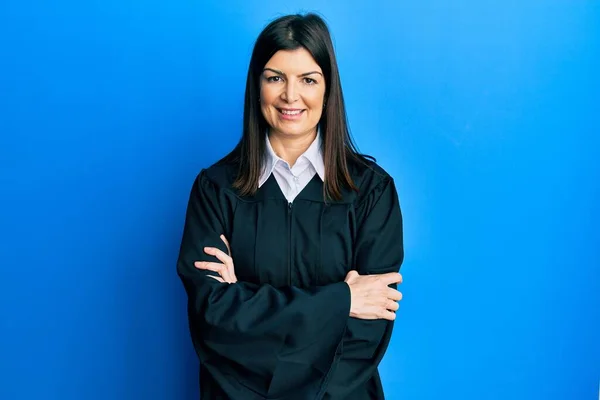 Young Hispanic Woman Wearing Judge Uniform Happy Face Smiling Crossed — Stock Photo, Image