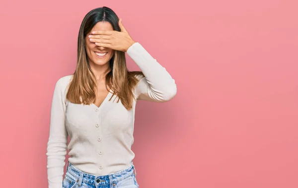 Young Woman Wearing Casual Clothes Smiling Laughing Hand Face Covering — Stock Photo, Image