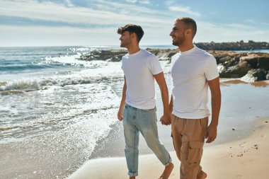 Genç eşcinsel çift mutlu bir şekilde sahilde yürüyor..