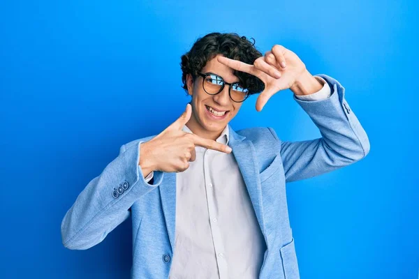 Hispanic Young Man Wearing Business Jacket Glasses Smiling Making Frame — Stock Photo, Image