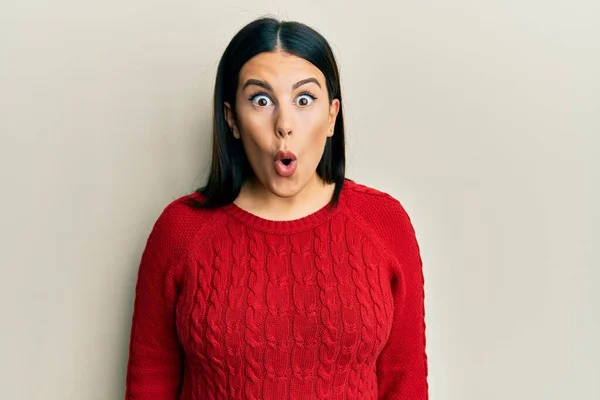 Beautiful Brunette Woman Wearing Wool Winter Sweater Afraid Shocked Surprise — Stock Photo, Image