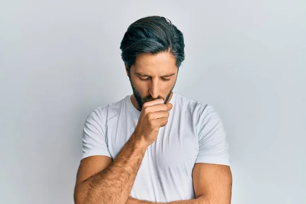 Young Hispanic Man Wearing Casual White Shirt Feeling Unwell Coughing — Stock Photo, Image