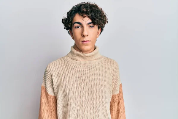 Hispanic Young Man Wearing Casual Winter Sweater Relaxed Serious Expression — Stock Photo, Image