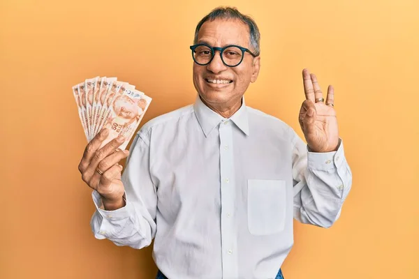 Middle Age Indian Man Holding Turkish Lira Banknotes Doing Sign —  Fotos de Stock