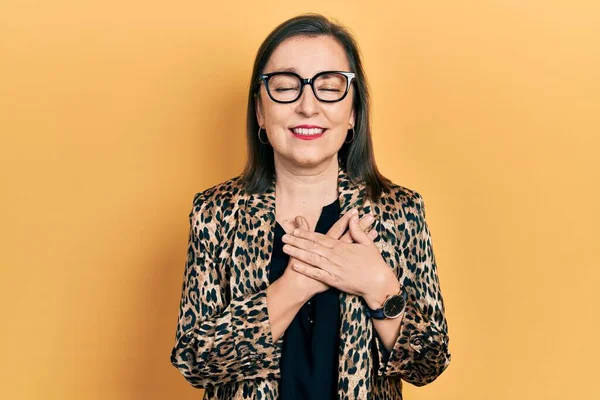 Middle Age Hispanic Woman Wearing Business Clothes Glasses Smiling Hands — Foto de Stock