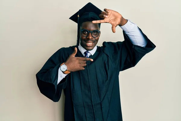 Handsome Black Man Wearing Graduation Cap Ceremony Robe Smiling Making — Stock Photo, Image
