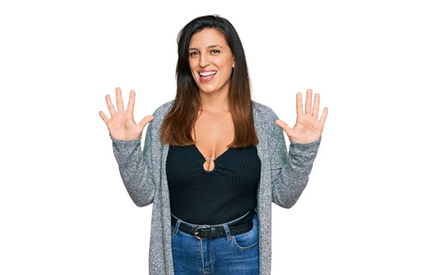 Beautiful Hispanic Woman Wearing Casual Clothes Showing Pointing Fingers Number — Stock Photo, Image