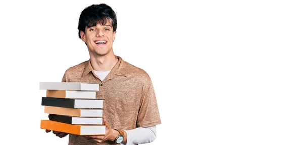 Handsome Hipster Young Man Holding Pile Books Smiling Happy Cool — Stock Photo, Image