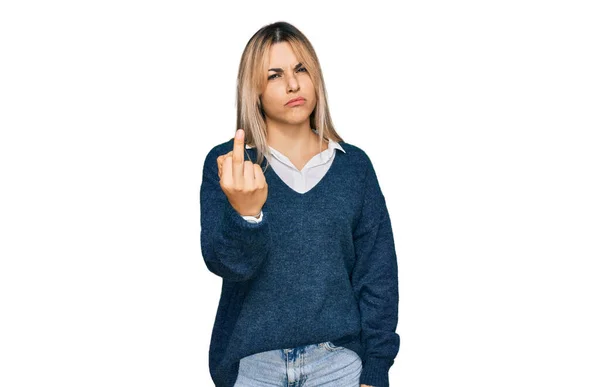 Young Caucasian Woman Wearing Casual Clothes Showing Middle Finger Impolite — Zdjęcie stockowe