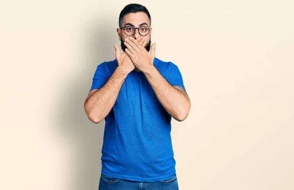 Hispanic Man Beard Wearing Casual Shirt Glasses Shocked Covering Mouth — Stock Photo, Image