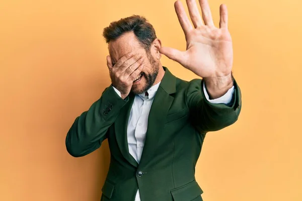 Middle Age Man Wearing Business Suit Covering Eyes Hands Doing —  Fotos de Stock