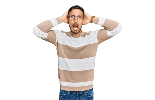 Handsome Man Beard Wearing Casual Clothes Glasses Crazy Scared Hands —  Fotos de Stock