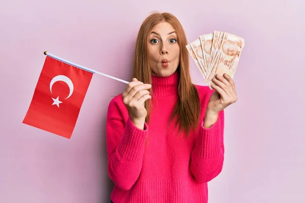 Young Irish Woman Holding Turkey Flag Liras Banknotes Making Fish — Stock Photo, Image