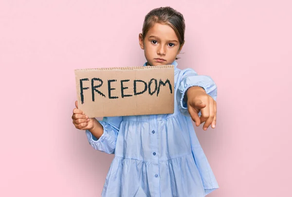 Little Beautiful Girl Holding Freedom Banner Pointing Finger Camera You — Stock Photo, Image