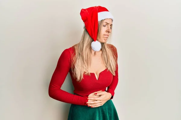 Mooie Blanke Vrouw Kerstkostuum Hoed Met Hand Maag Omdat Indigestie — Stockfoto