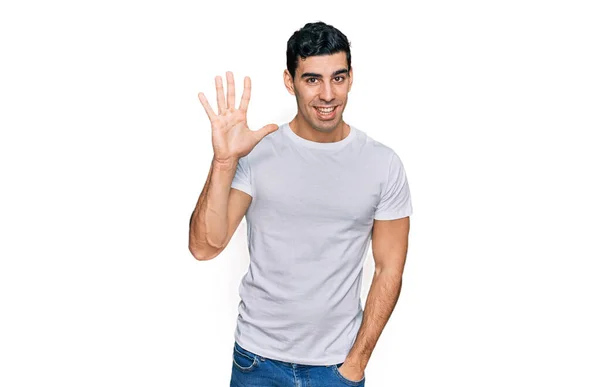 Schöner Hispanischer Mann Lässigem Weißem Shirt Der Mit Finger Nummer — Stockfoto