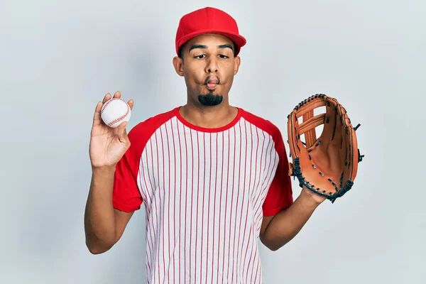 Young African American Man Wearing Baseball Uniform Holding Glove Ball — Stock Photo, Image