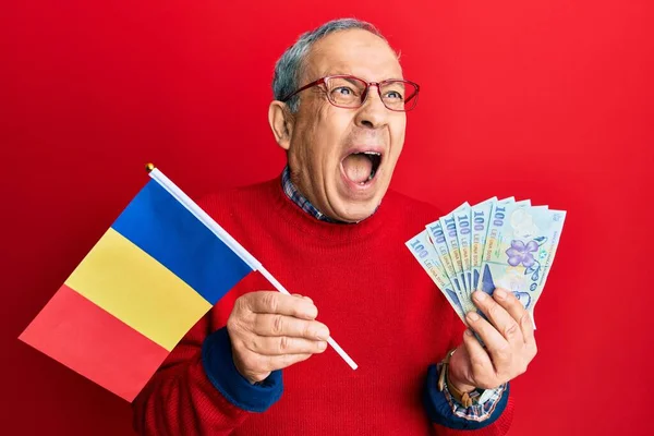 Hombre Mayor Guapo Con Pelo Gris Sosteniendo Bandera Romania Billetes —  Fotos de Stock