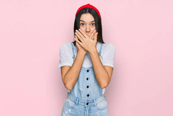 Young Hispanic Girl Wearing Casual Clothes Shocked Covering Mouth Hands — Stock Photo, Image