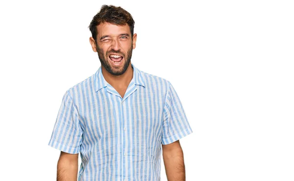 Handsome Young Man Beard Wearing Casual Fresh Shirt Winking Looking — Stock Photo, Image