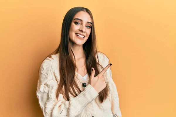 Beautiful Brunette Young Woman Wearing Casual Clothes Smiling Cheerful Pointing — Stock Photo, Image