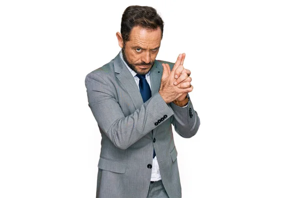 Middle Age Man Wearing Business Clothes Holding Symbolic Gun Hand — Stock Photo, Image